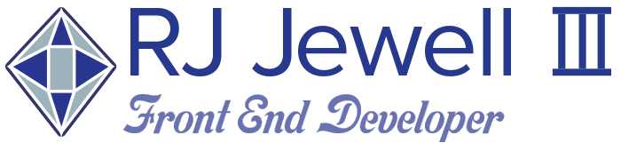 RJ JEWELL in dark blue with a roman numeral 3 beside it. Under it is Front End Developer in cursive and the the left is a diamond.